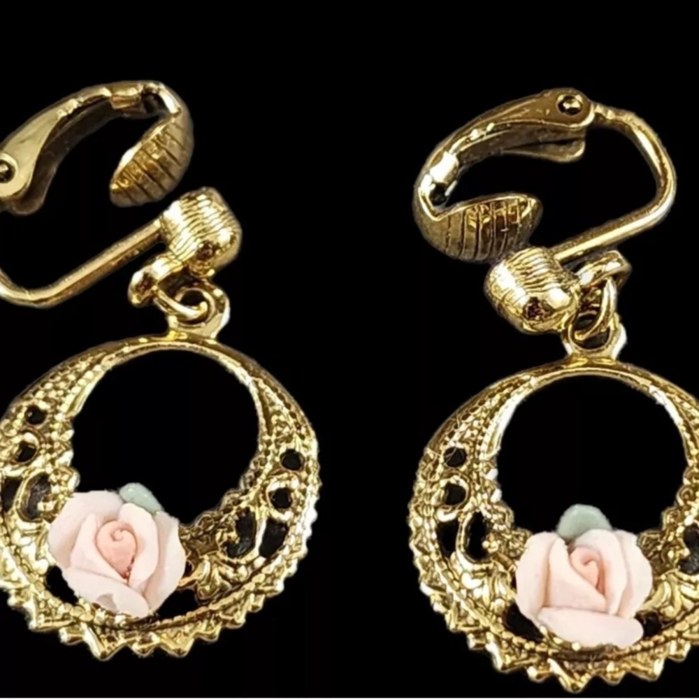 Dainty Vintage Gold plated hoops with porcelain Pink roses clip on Earrings
